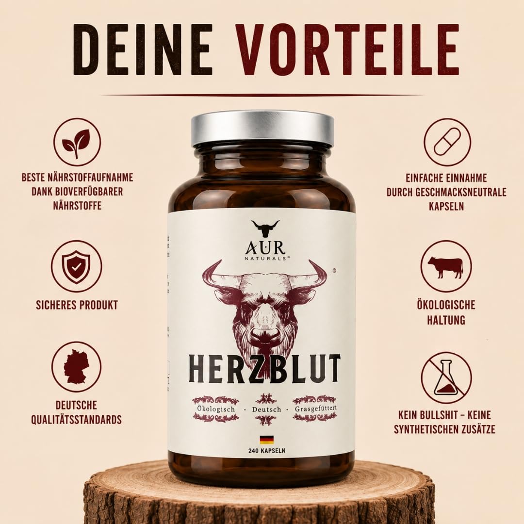 Rinderleber & Rinderherz Kapseln Bio – 240 Kapseln von Weiderindern aus Deutschland | Grasgefüttert & ökologische Haltung I Organ-Supplement für Energie, Leistung & Blutbildung I AUR Naturals