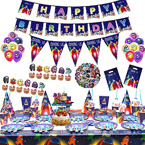 Gozuaz Among with us Party Decorations 140PCS Party Supplies for Birthday Party Favors Package Come with Banner Tablecover Plates Spoons Forks Chocolate Stickers Latex Balloons Gift Bags.