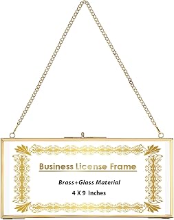 JUXYES Wall Hanging Business License Frame Brass License Certificate Display Frame, Double Glass Floating Diploma Frames, Wall Mount Golden Graduation Frames for 4x9 and 3.5x8.5 Certificate Business Licenses