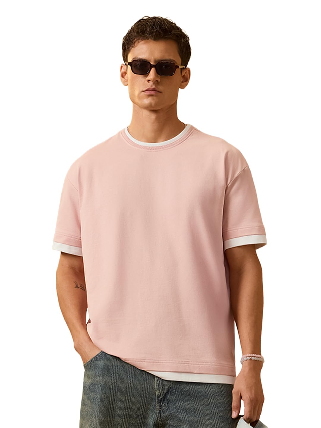the souled store Oversized T-Shirt: Rose Wine Men and Boys Short Sleeve Round Neck Wine White Solid Cotton Oversized Layered Look Textured Knit Summer Casual Comfortable Aesthetic T-Shirts-picture-18