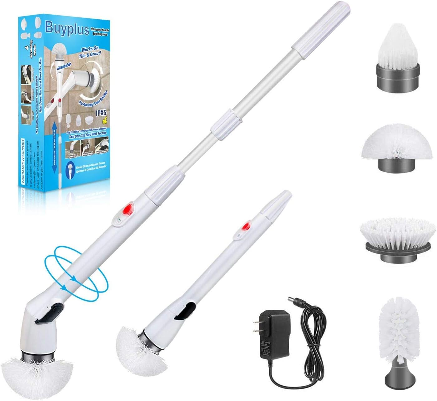 Buyplus Electric Spin Scrubber - 360 Cordless Power Bathroom Scrubber for 2021, Extendable Handle and 4 Replacement Brush Heads for Cleaning Grout Kitchen Shower Tub Tile Floor