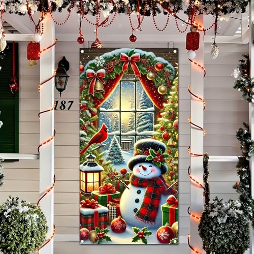 Image of BlissYard Christmas Door Cover 71x35 Inch Snowman Door Banner, Winter Holiday Decoration for Front Door, Indoor Outdoor Porch Backdrop, Merry Christmas Party Hanging Sign for Home Yard Lawn Decor