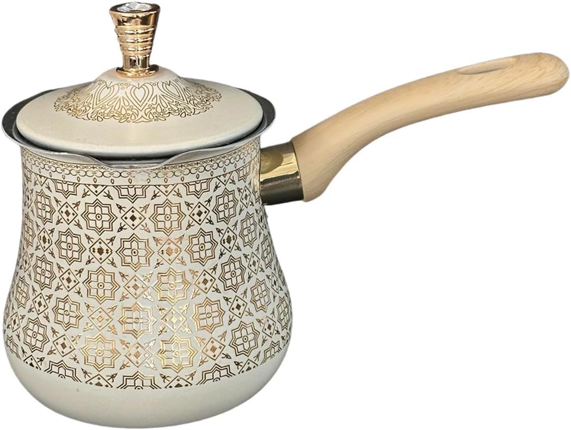 Qianly Stainless Steel Turkish Coffee Pot Milk Pot with Lid Butter Melting Pot Kitchen Accessory Easy to Clean Making Latte Art, Golden Pattern, 550ml