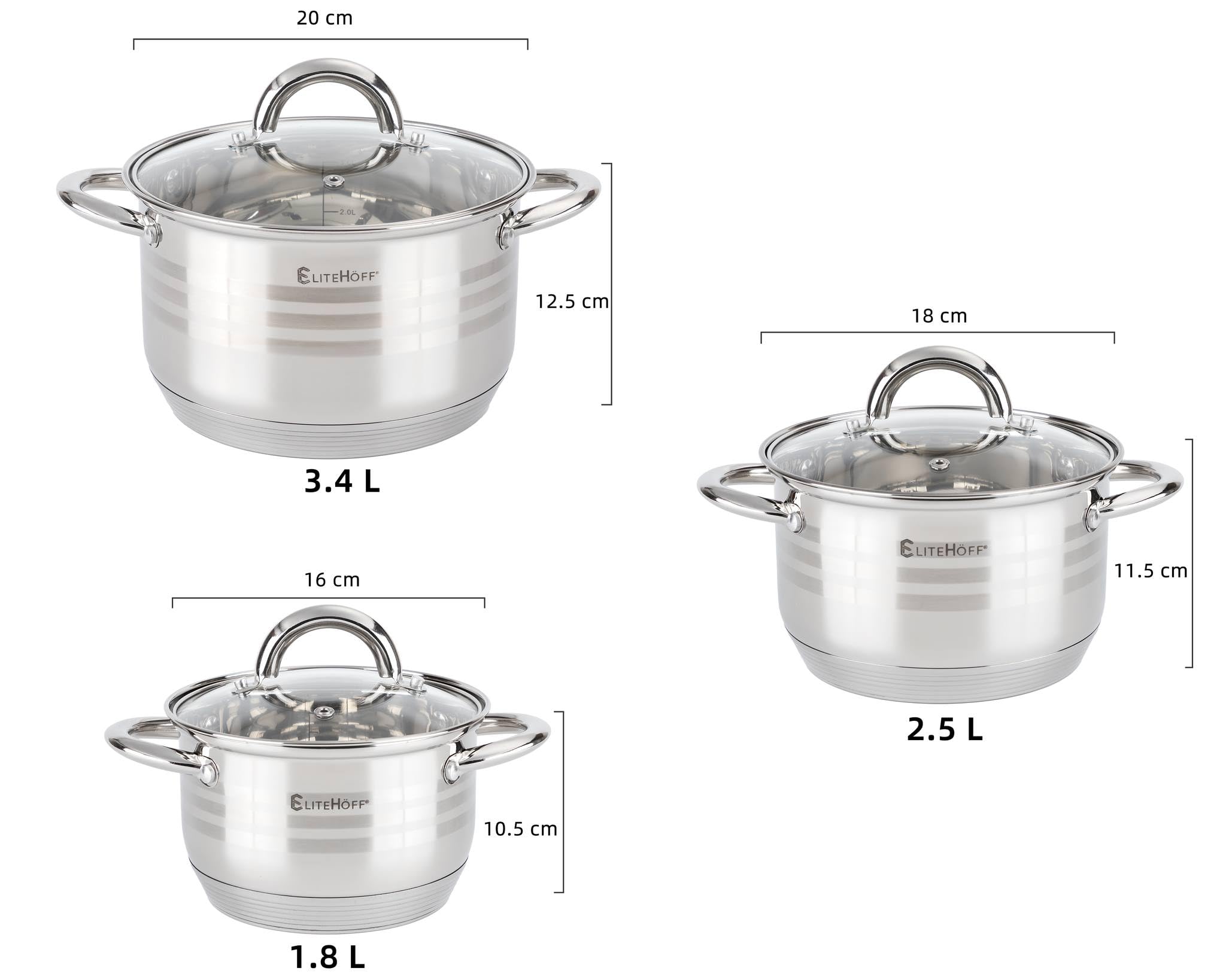 EliteHoff Juego de ollas de inducción de 6 piezas, olla de acero inoxidable de 7 capas, juego de 3 ollas con tapas, para todo tipo de cocinas (E-4304)
