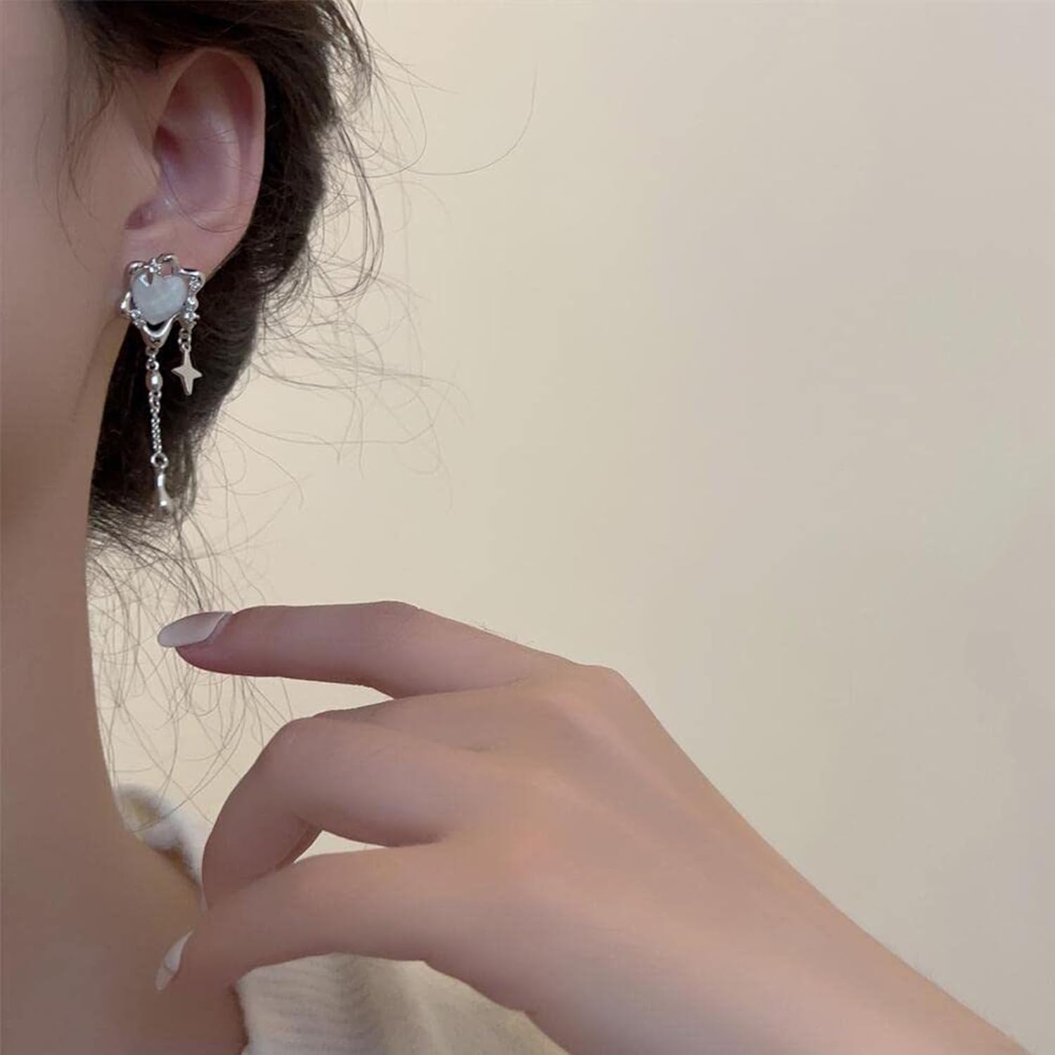 Silver Moonstone Heart Stainless Steel Earrings for Women Star Tassel Dangle Earrings Jewelry Gifts - Image 6