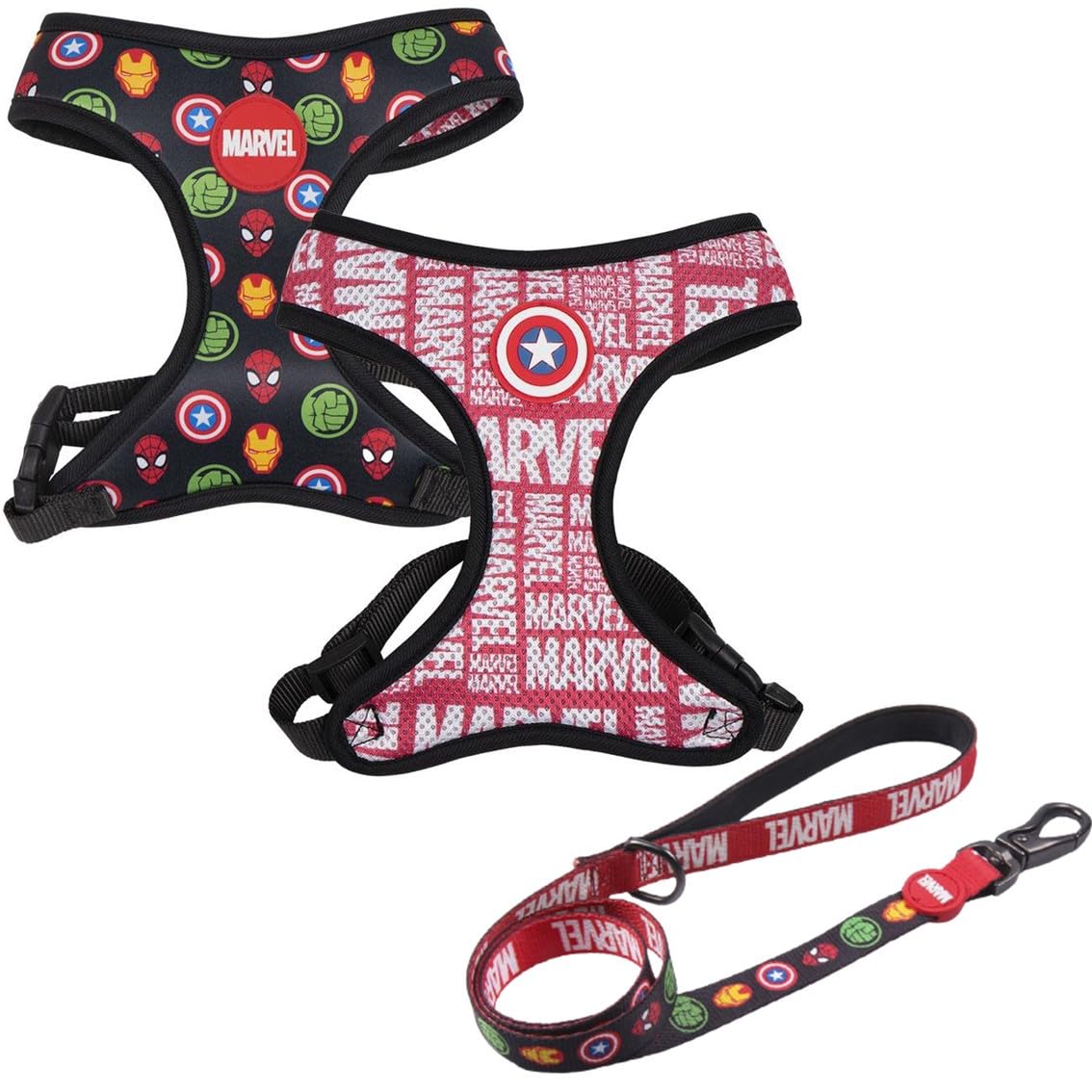 Set Correa y Arnés Premium para Perros de Marvel - Estampado de Los Vengadores - Talla S-M - Reversible, Antitirones y Ajustable - Diseño con Detalles 3D - Producto Original Diseñado en España