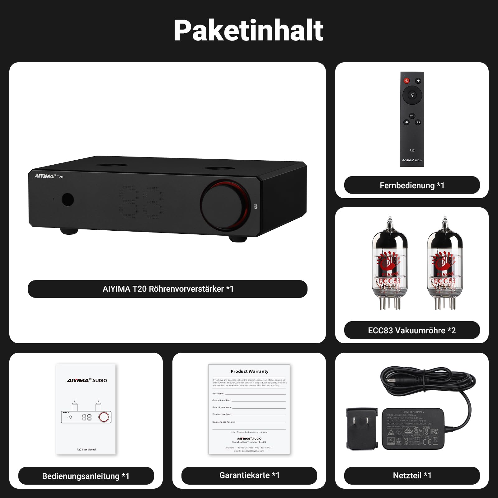 AIYIMA T20 Balanced Tube Vorverstärker LME49720 für HiFi-Heim-Audio Mini-Vakuumröhren-Vorverstärker mit Cinch-/XLR-EIN- und Ausgängen und 12-V-Triggerausgang (DC12V 2A-Netzteiladapter)