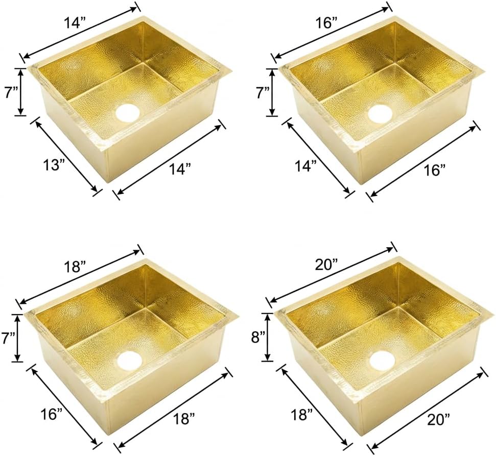 Handmade Rectangular Brass Kitchen Sink, Pure Brass Undermount or Drop-In Gold Sink Bowl, Solid Brass Bar Sink, Vanity Sink for Bathroom and Kitchen (Medium (16'' x 14'' x 7''))