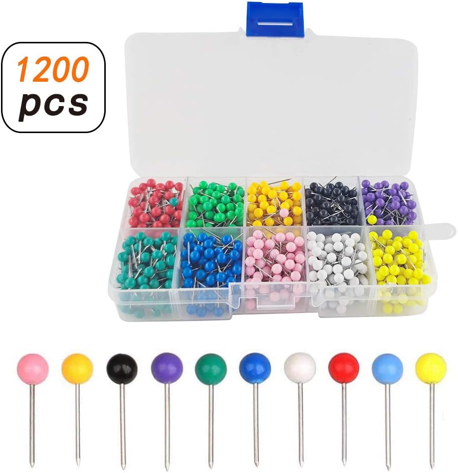 YIXISI 1200 PCS Map Push Pins, Map Tacks, Colourful Push Pins, Plastic Round Head Tacks with Steel Points, Drawing Push Pins, Used for Maps, Cork Boards, Fixed Photos (10 Assorted Colors)
