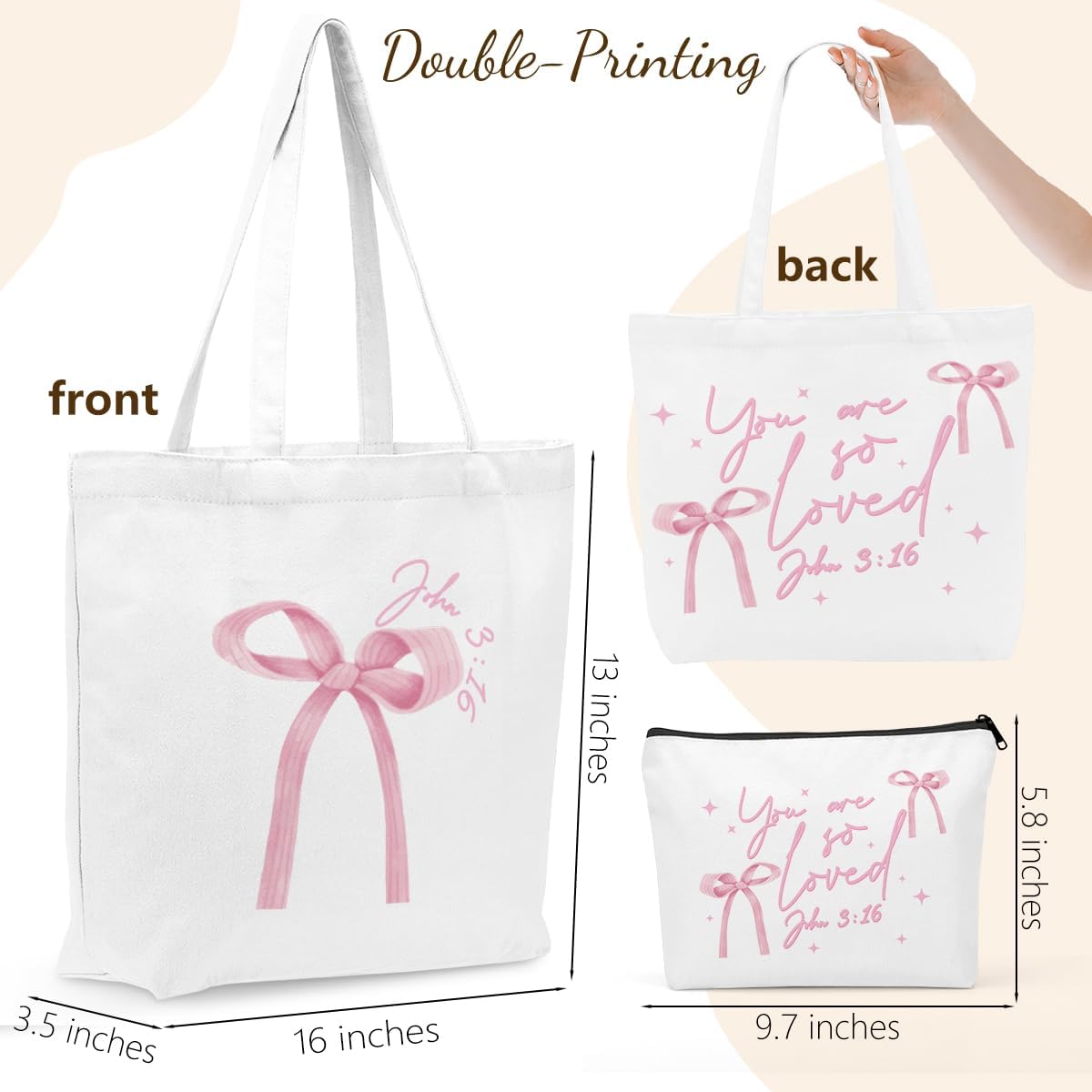 Christian Gifts for Women, Girls Preppy Bow Canvas Tote Bag Makeup Bag Set, Inspirational Bible Verse Religious Gifts Birthday Graduation Nurse Day Reusable Grocery Bags Travel Cosmetic Bags