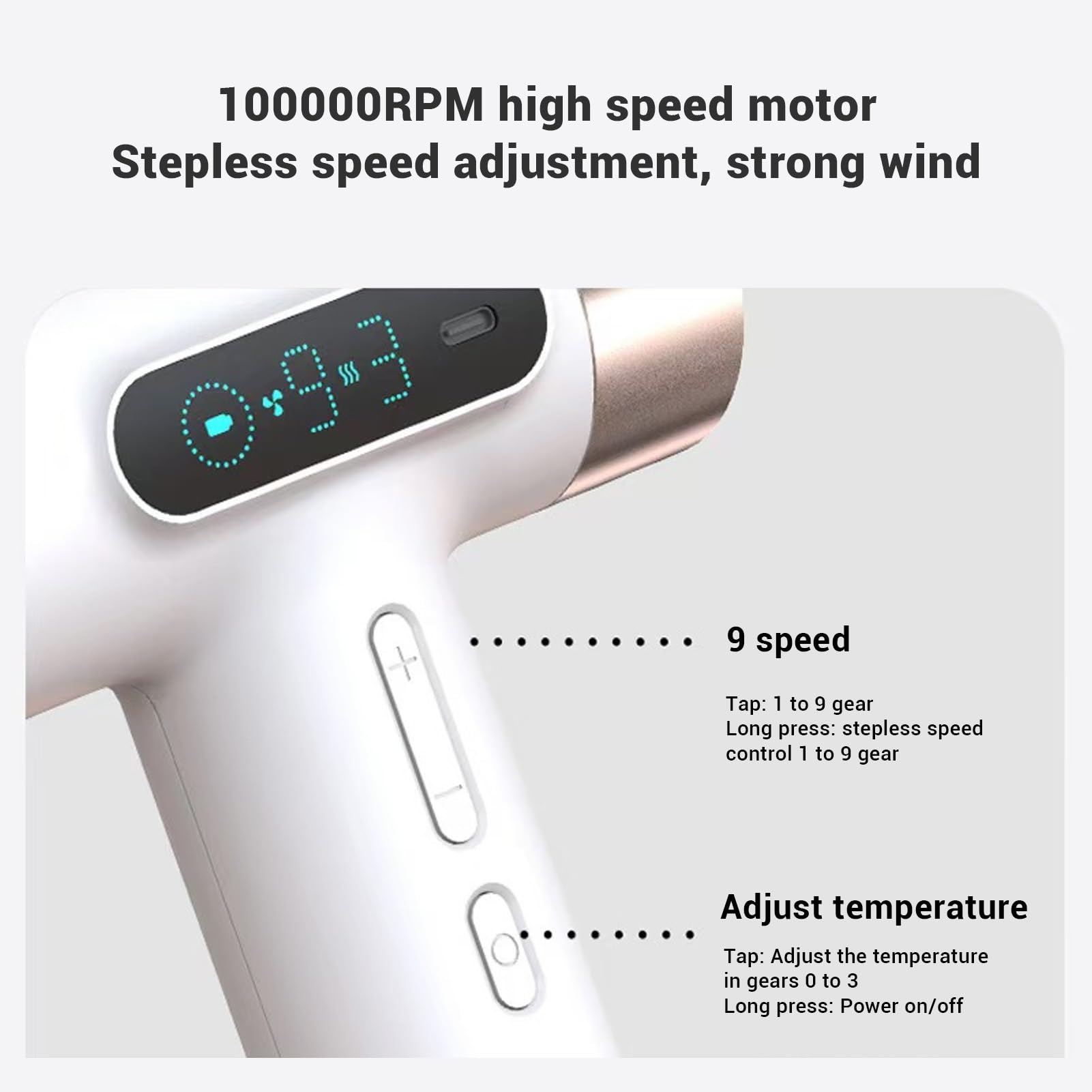 Kabelloser Haartrockner 300W Föhn, 100.000 U/min Tragbarer Reiseföhn mit 15600mAh Batterie, 3 Temperaturen 9 Geschwindigkeiten für Reisen Outdoor