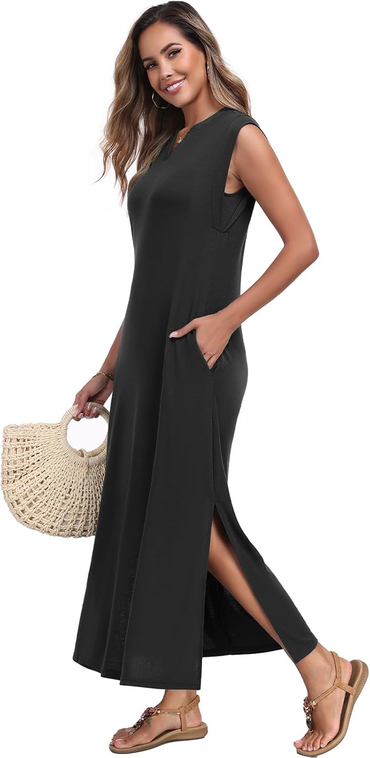 Women's Summer Slit Maxi Dress Casual V Neck Loose Long Dresses with Pockets(XS-3XL) - Image 2