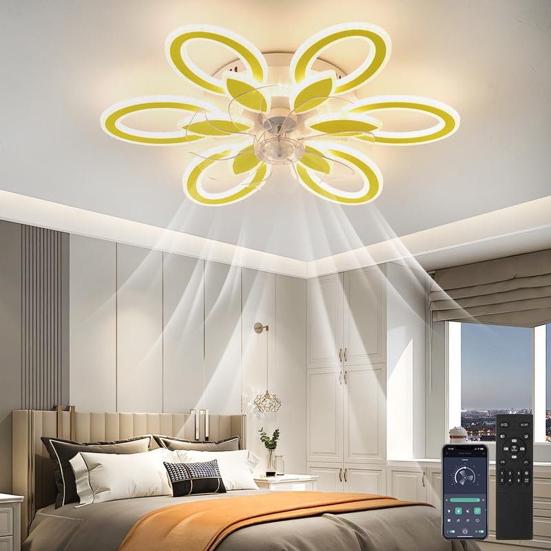 LED Modern Ceiling Fan with Lights Flower Dimmable Acrylic Flush Mount Ceiling Fans Low Profile Chandelier Fan Stepless Color Temperature Change Mute 6 Speeds Bedroom Living room Voice Control Lamp