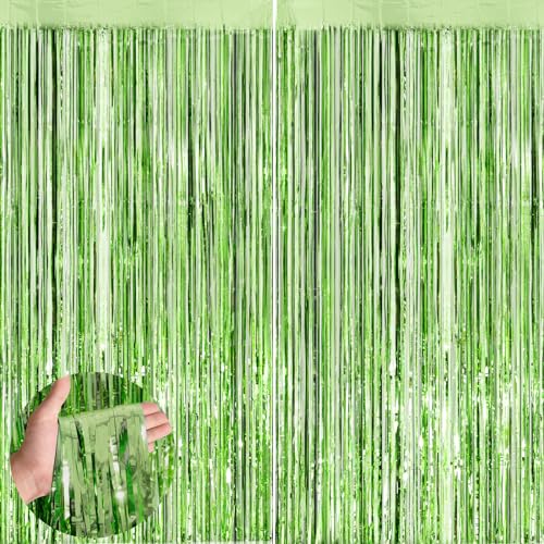 Light Green Metallic Tinsel Foil Fringe Curtains 2 Pack 3.3x8.3 Feet Party Streamer for Birthday Party Decorations Halloween Decor Foil Curtain for Christmas Party