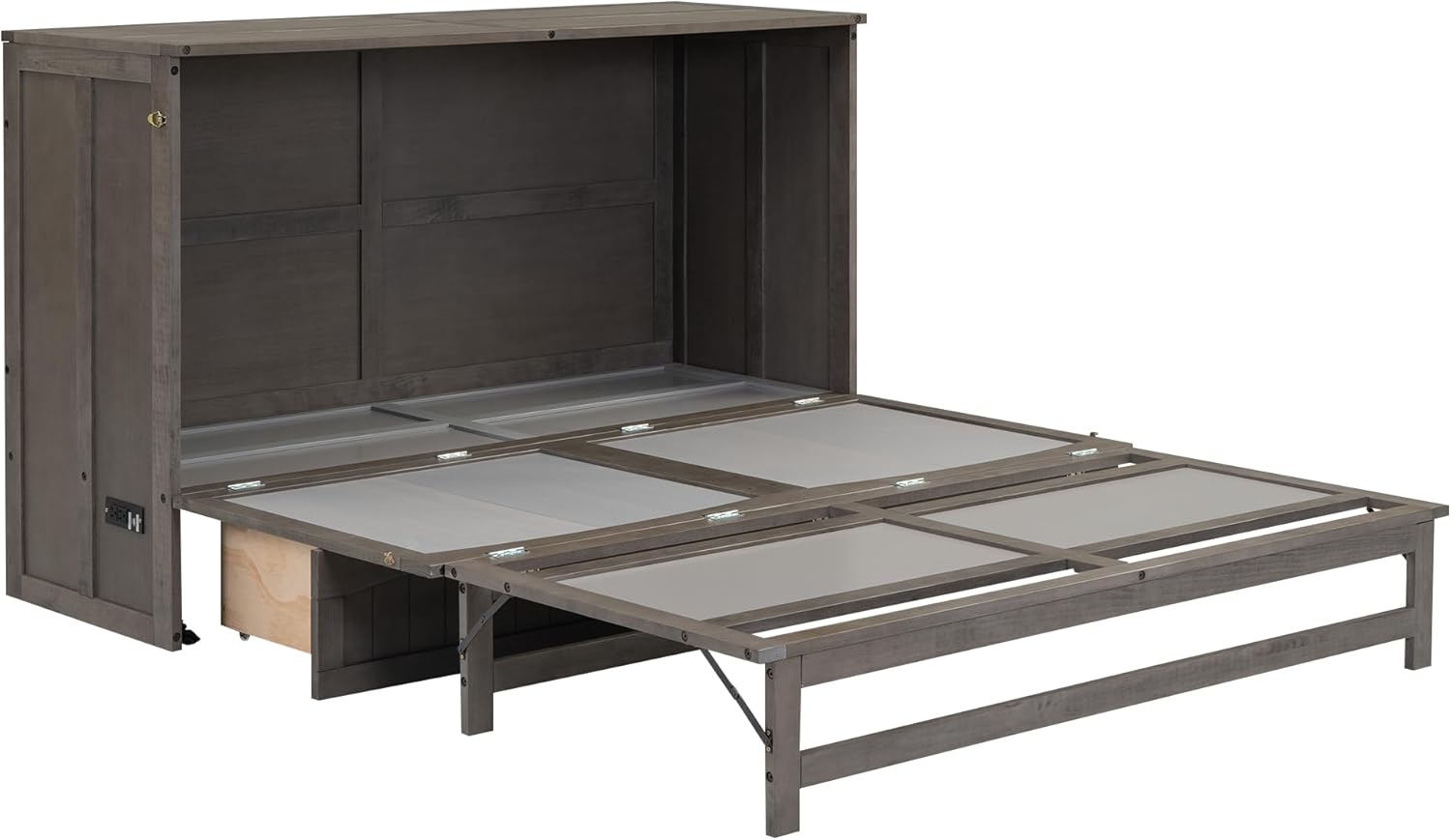 RUNWON Queen Size Murphy Bed Frame with Built-in Charging Station and Storage Drawer for Kids Adults