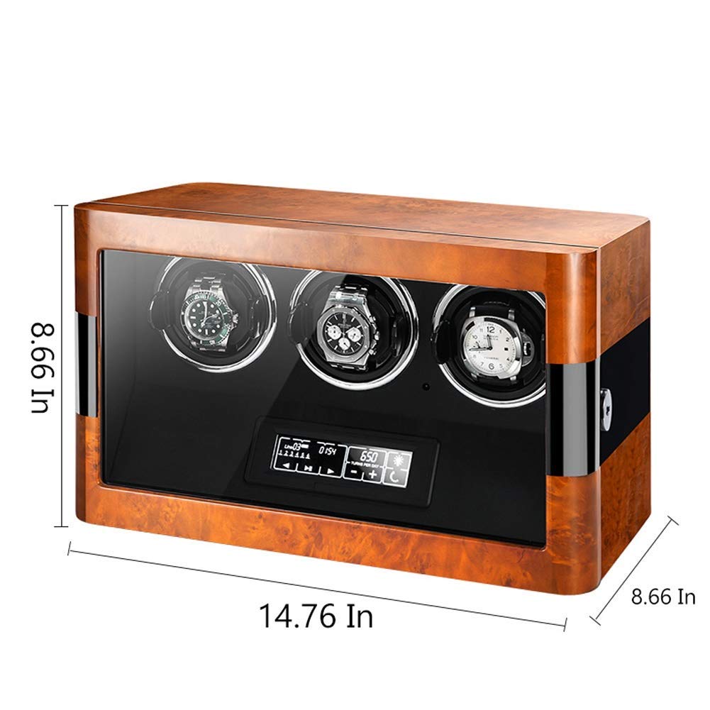 Caja de Madera para enrollar Relojes automáticamente, con Pantalla táctil LED y Almohadillas Ajustables para Relojes, Control Remoto, Motor silencioso y 3 Compartimentos ，B