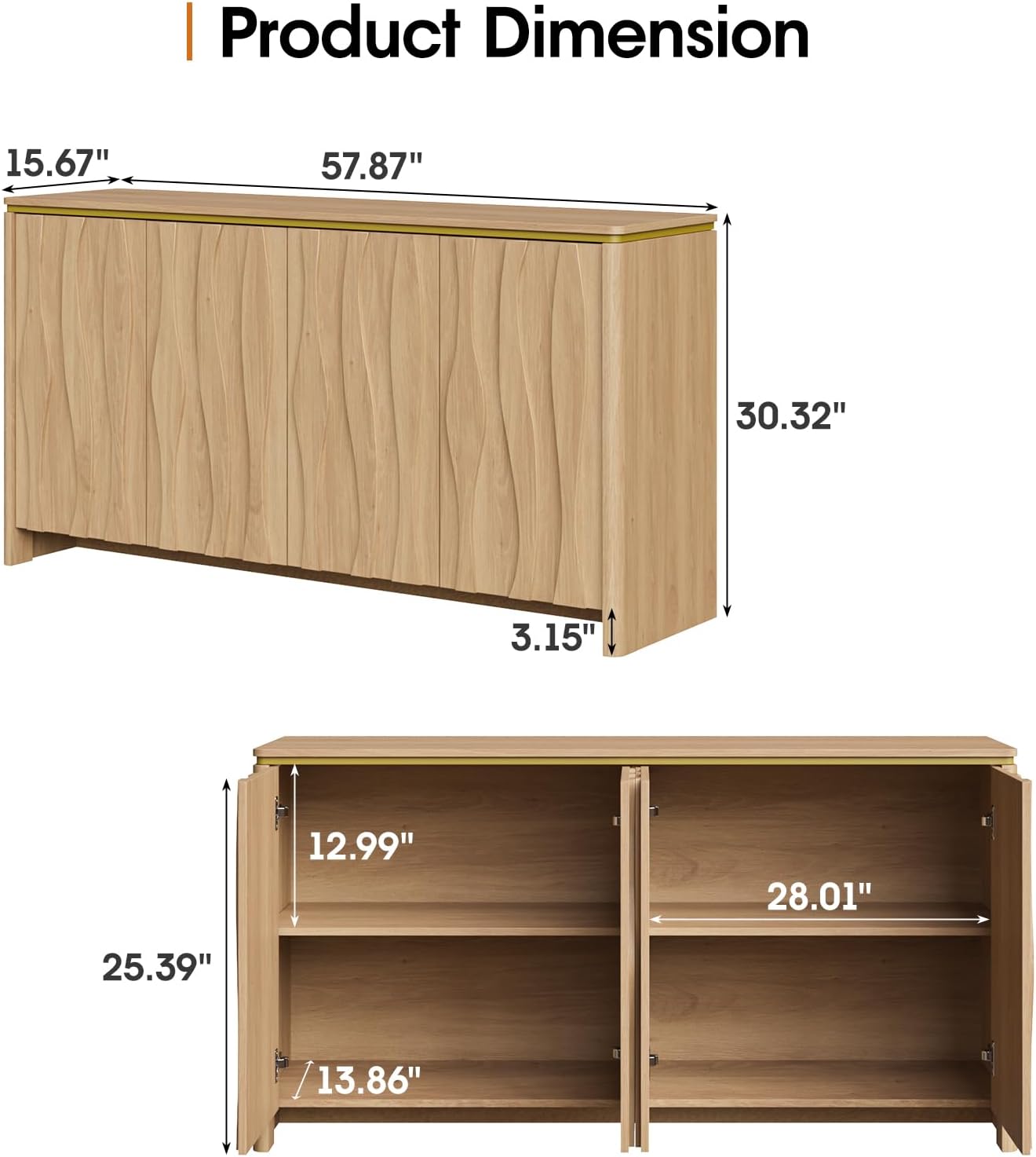 Product dimensions diagram for Vabches Fluted Buffet Cabinet