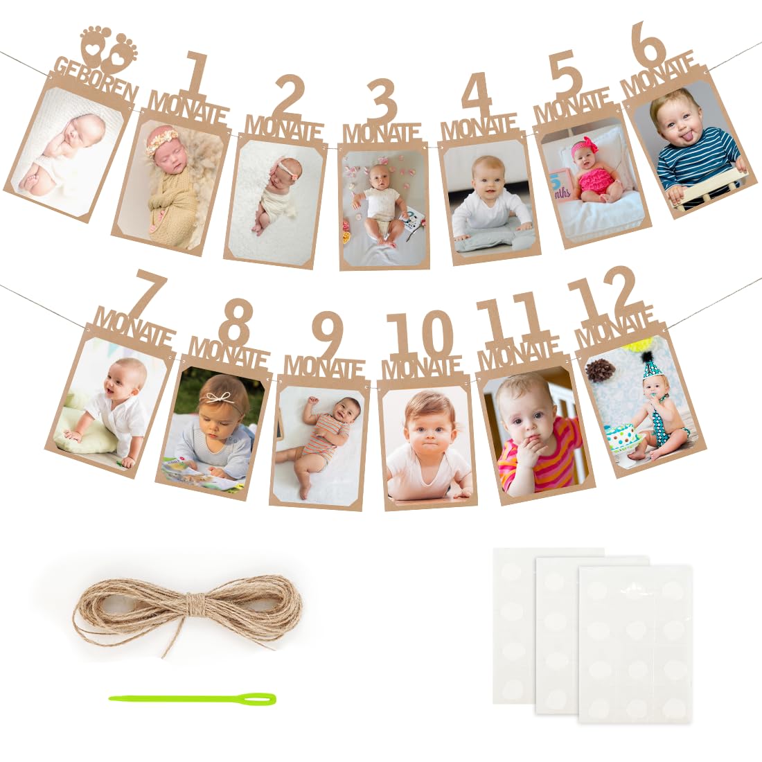 Fotogirlande 1.Geburtstag, Baby Meilenstein Girlande Deko Geburtstag, Baby Erster Foto Banner für 1 bis 12 Monate Mädchen Jungen, Deutsch Hängende Foto Wanddekoration(Kraftpapier)