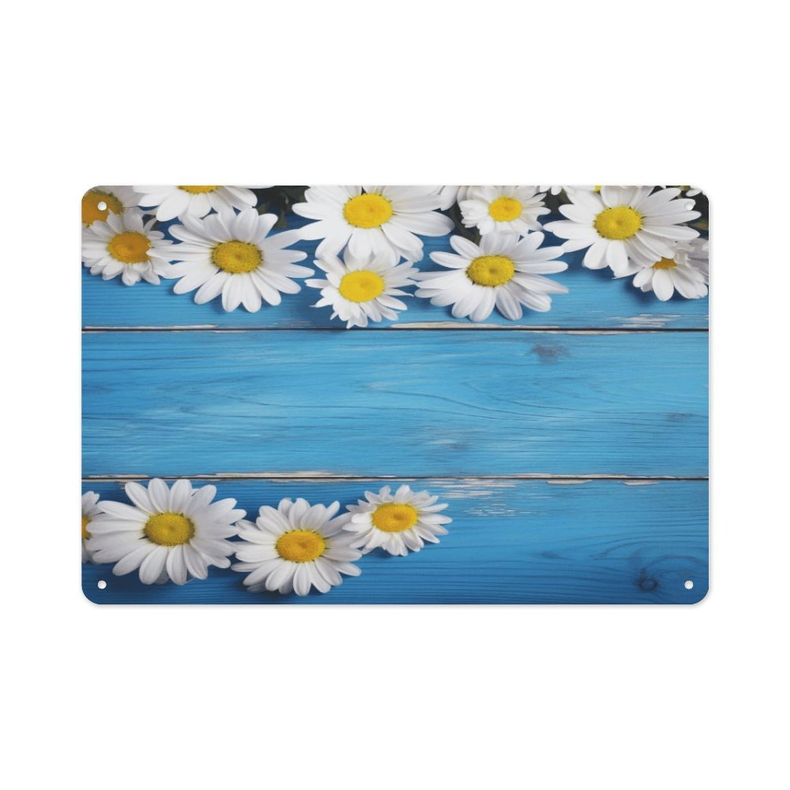 Btcowzrv Style Daisy Flowers Blue Wooden Metal Sign 7.9 X 11.8 Inch, Aluminum Sign Wall Art Decor Easy To Install, Decorative Plaque For Home Bar Kitchen Pub Shop Garage