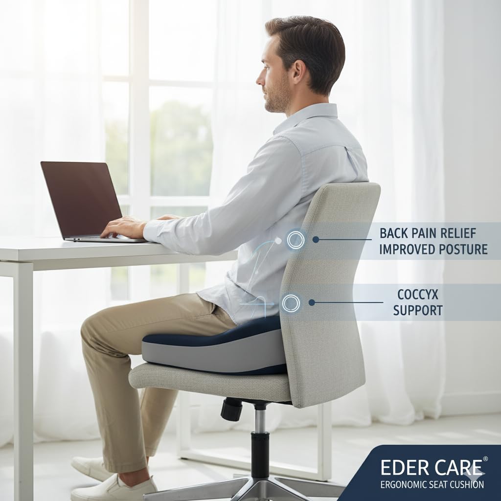 Eder Care Doctor Recommended Premium Orthopedic Foam Coccyx Seat Cushion for Tailbone Pain Relief, Sciatica Pain Relief Hip Support, Lower Back Support with Removable Cover, Blue, Pack of 1