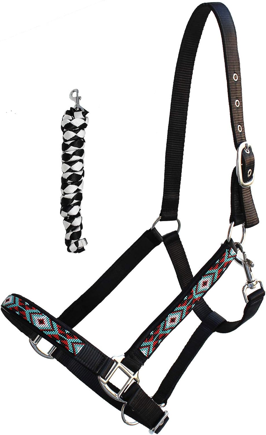 CHALLENGER Cob Nylon Beaded Neoprene Padded Adjustable Halter w/Lead Black 606175BK-C