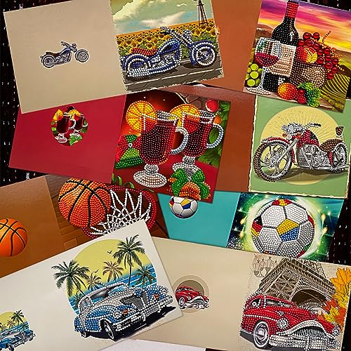MEDOYOH 8PCS DIY Diamond Painting Greeting Card with Envelopes, Diamond Painting Blank Art Cards for Birthday Mother's Day Christmas Anniversary Thanksgiving, Car and Ball 18