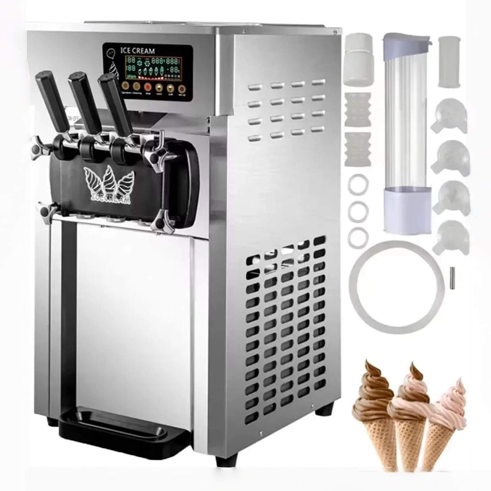 Macchina per Gelato Commerciale 18L/H 3 Sapori, 1200W macchina gelato soft professionale, Pannello LCD, Pre-Raffreddamento Pulizia Automatica, per Yogurt Caffè Snack-Bar Ristorante