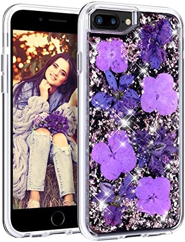HoneyAKE Case for iPhone 7 Plus iPhone 8 Plus Case Glitter Cute Pretty Girly Case with Natural Flower Durable Shockproof Hard PC Cover Flexible TPU Frame for iPhone 6 Plus 6s Plus 7 Plus 8 Plus,Purple