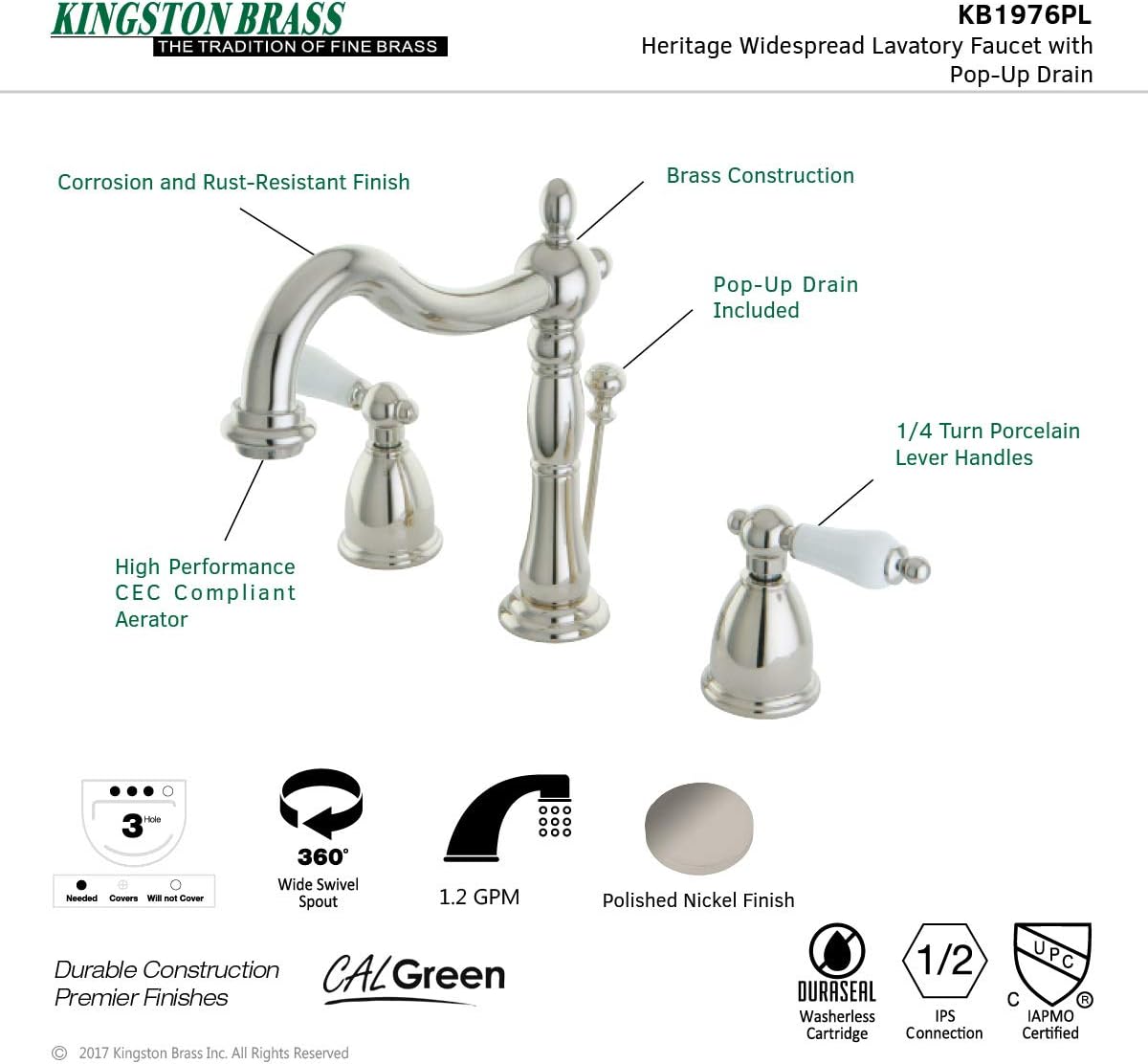 Black Friday - 80% OFF Kingston Brass KB1976PL Heritage Widespread Lavatory Faucet Pn Porcelain Lever Handle, Polished Nickel Best Deal Product Kingston Brass KB1976PL Heritage Widespread Lavatory Faucet Pn Porcelain Lever Handle, Polished Nickel