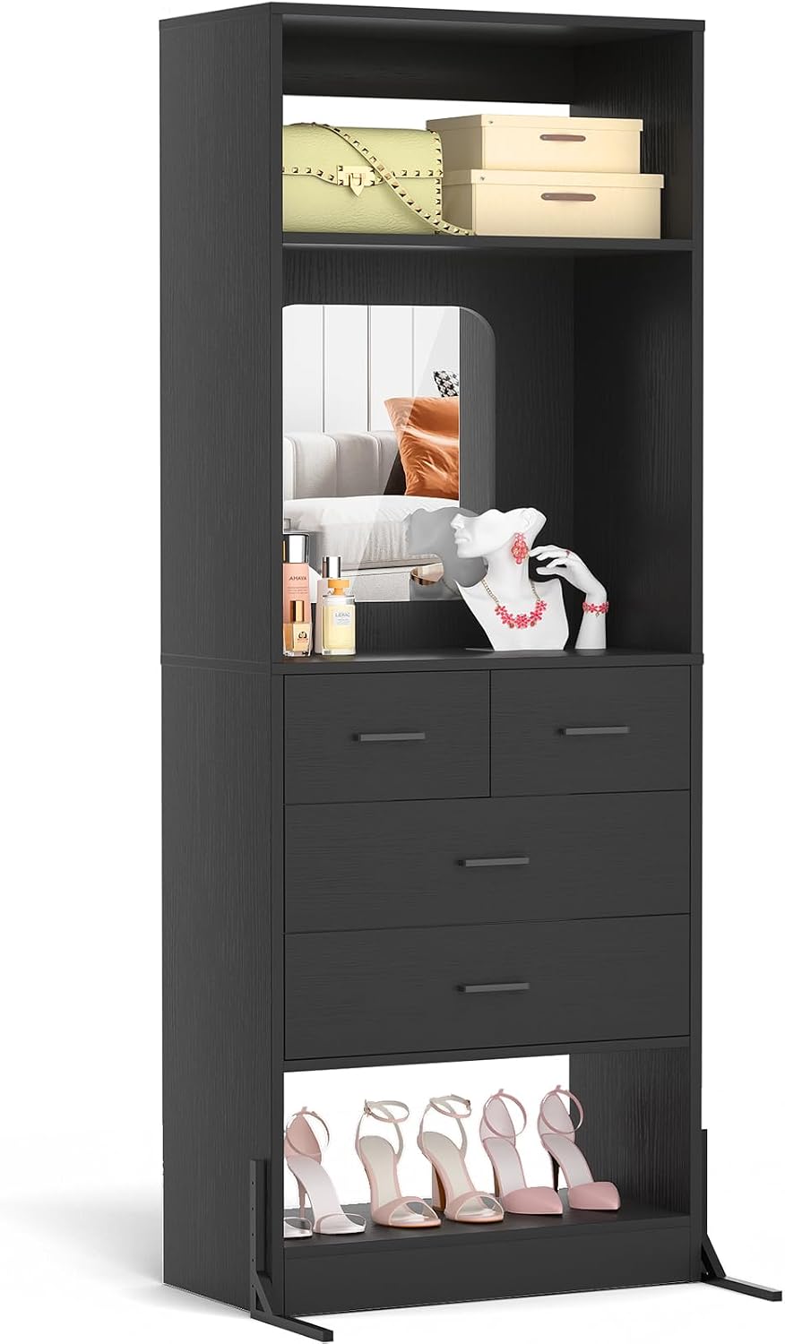 Unikito Closet Organizers and Storage with Mirror, Wood Closet System, Heavy Duty Modular Closet Organizer, Freestanding Wardrobe Armoire Walk-in Closet, Black