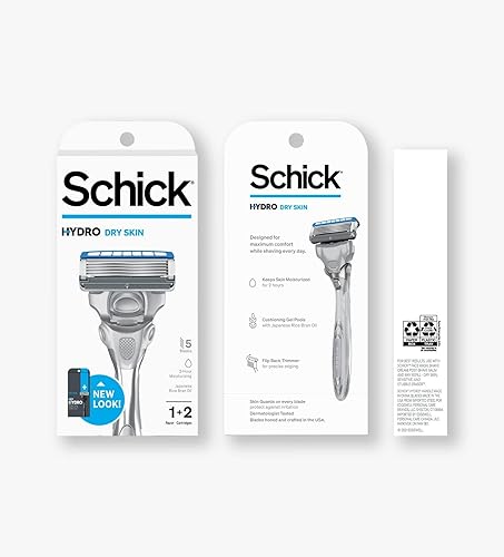 Schick, Hydro Dry Skin - Mango de maquinilla de afeitar de 5 cuchillas para hombre + 2 cuchillas de recambio, 1 unidad