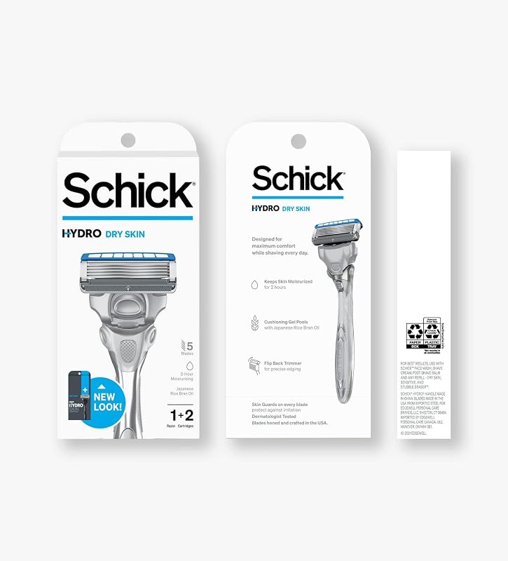 Aparelho de barbear masculino Schick Hydro Dry Skin com 5 lâminas e 2 cartuchos de reposição