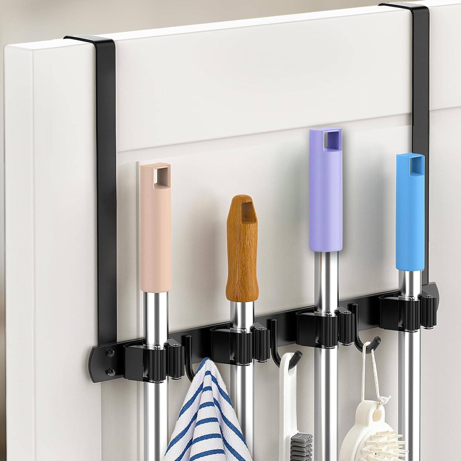 Angju Broom Holder Over The Door - 304 Stainless Steel Mop and Broom Holder Wall Mounted or Hanging Over The Door with Hooks - Broom Hanger, Broom Storage Tool Organizer for Garage Closet Laundry