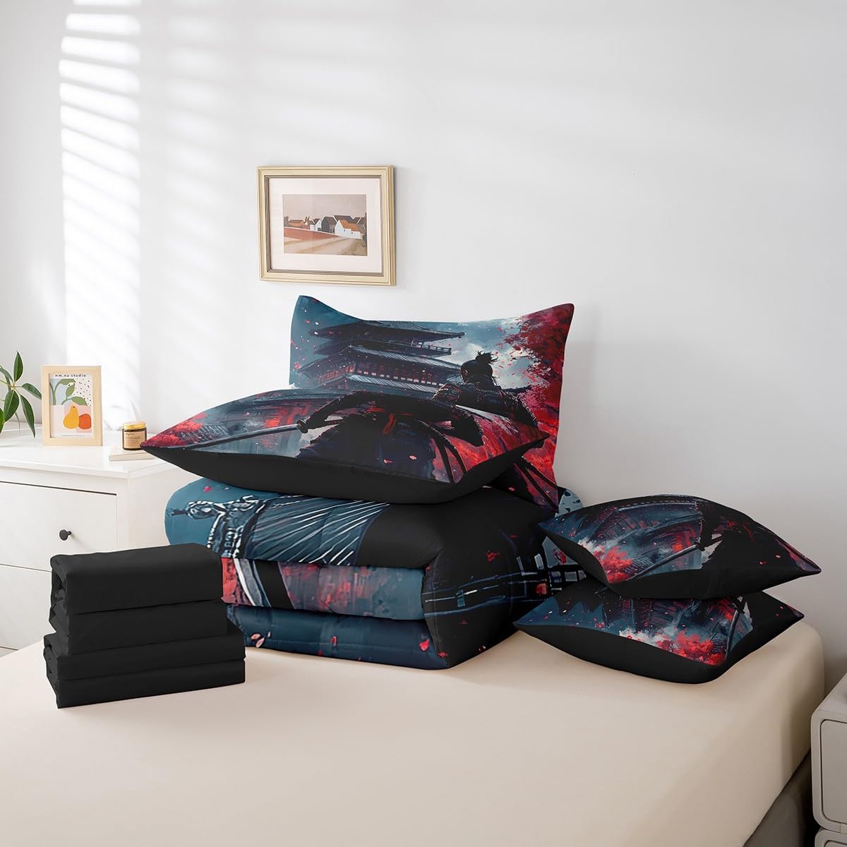 Feelyou Japanese Samurai Comforter Set Queen 7 Pcs Cherry Blossoms Kids Japanese House Vintage Building Bedding Set Japanese-Style Bed in a Bag with Comforter, Sheets, Pillowcases & Cushion Cover