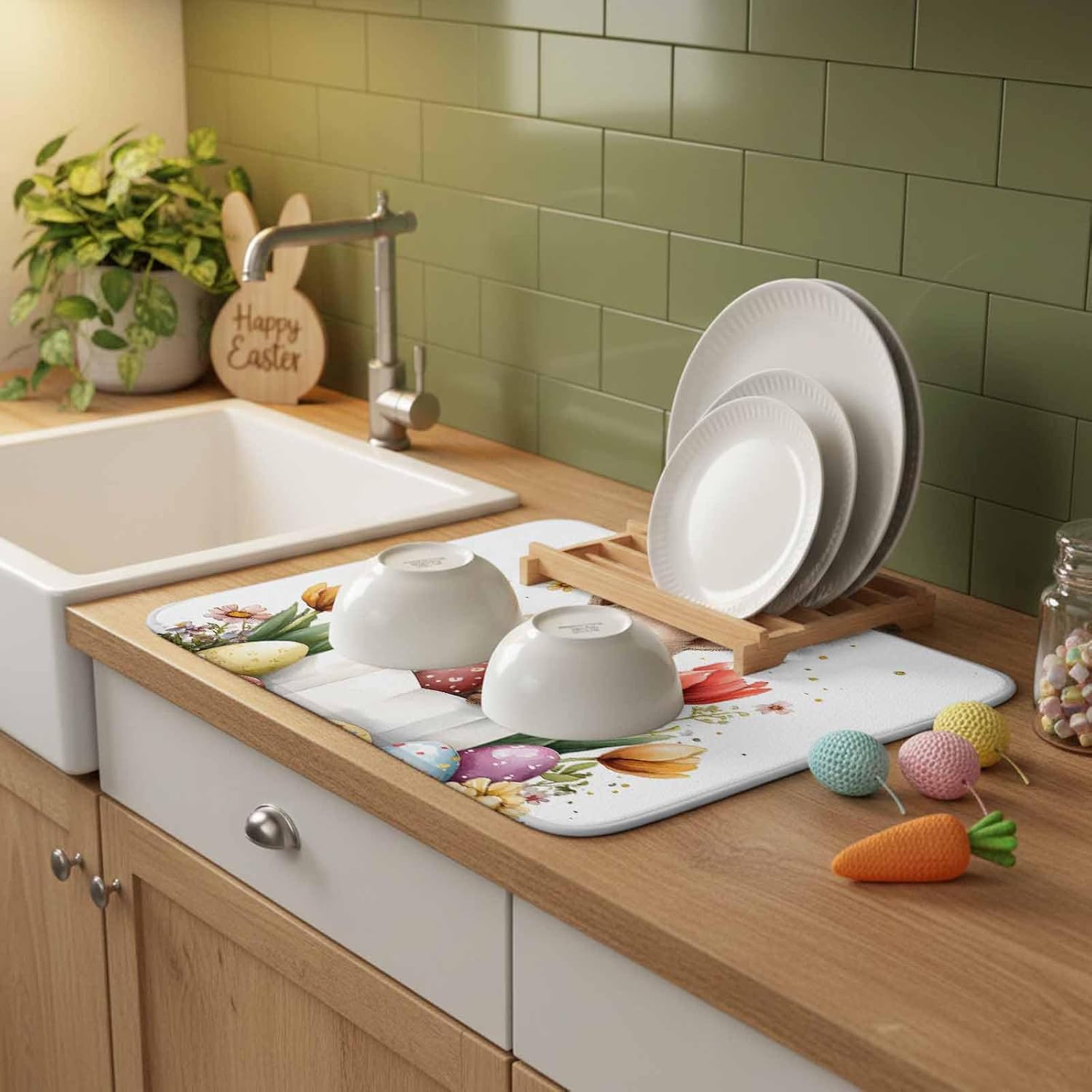 Absorbent Dish Drying Mat for Kitchen Counter,Cute Easter Egg Bunny on White Microfiber Quick Dry Pad Dishes Drainer Rack Mats for Under Sink Utensils 18x24in,2 Pack,Spring Watercolor Flower