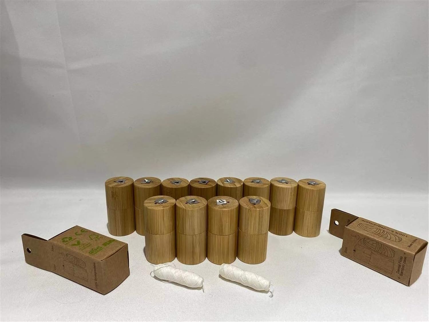 12PCS Biodegradable Bamboo Charcoal Dental Floss with Refillable Bamboo Container Free Refill Natural Candle Wax 30M x 12