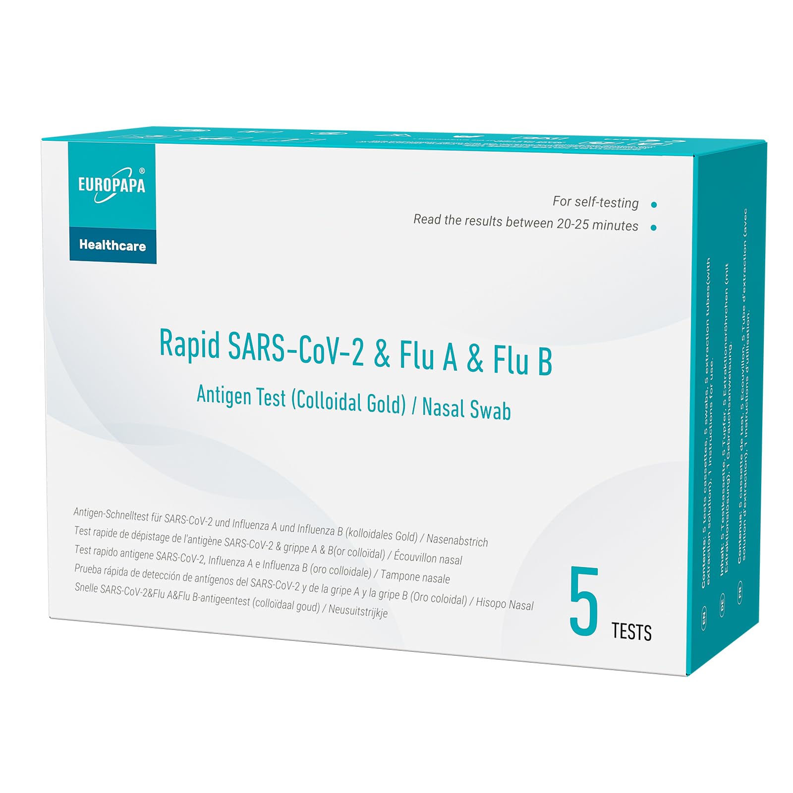 EUROPAPA 5x Corona Laientest Schnelltest und Grippe Test auf Covid-19 und Influenza A/B, Antigentest Selbsttest SARS-CoV-2 Flu A Flu B 3in1 Combo Rapid Test Cassette, für Zuhause, Einzelverpackt