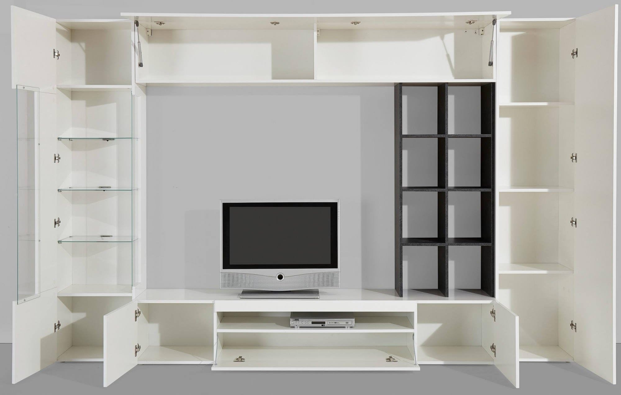 Dmora Parete Attrezzata Ocean 40x290x192h cm Bianco Lucido 20 Ripiani 24 Vani, 6 Ante Made in Italy