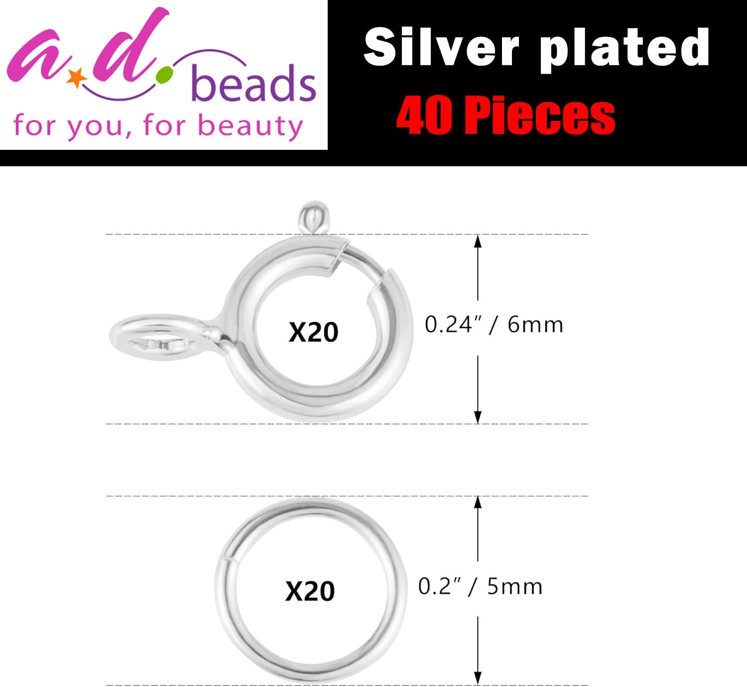 AD Beads Spring Clasps 14K Gold Plated and Silver Plated with Open Jump Rings Round Clasps for Necklaces Bracelet Or Jewelry Making (20Pcs Silver Plated) - Image 2