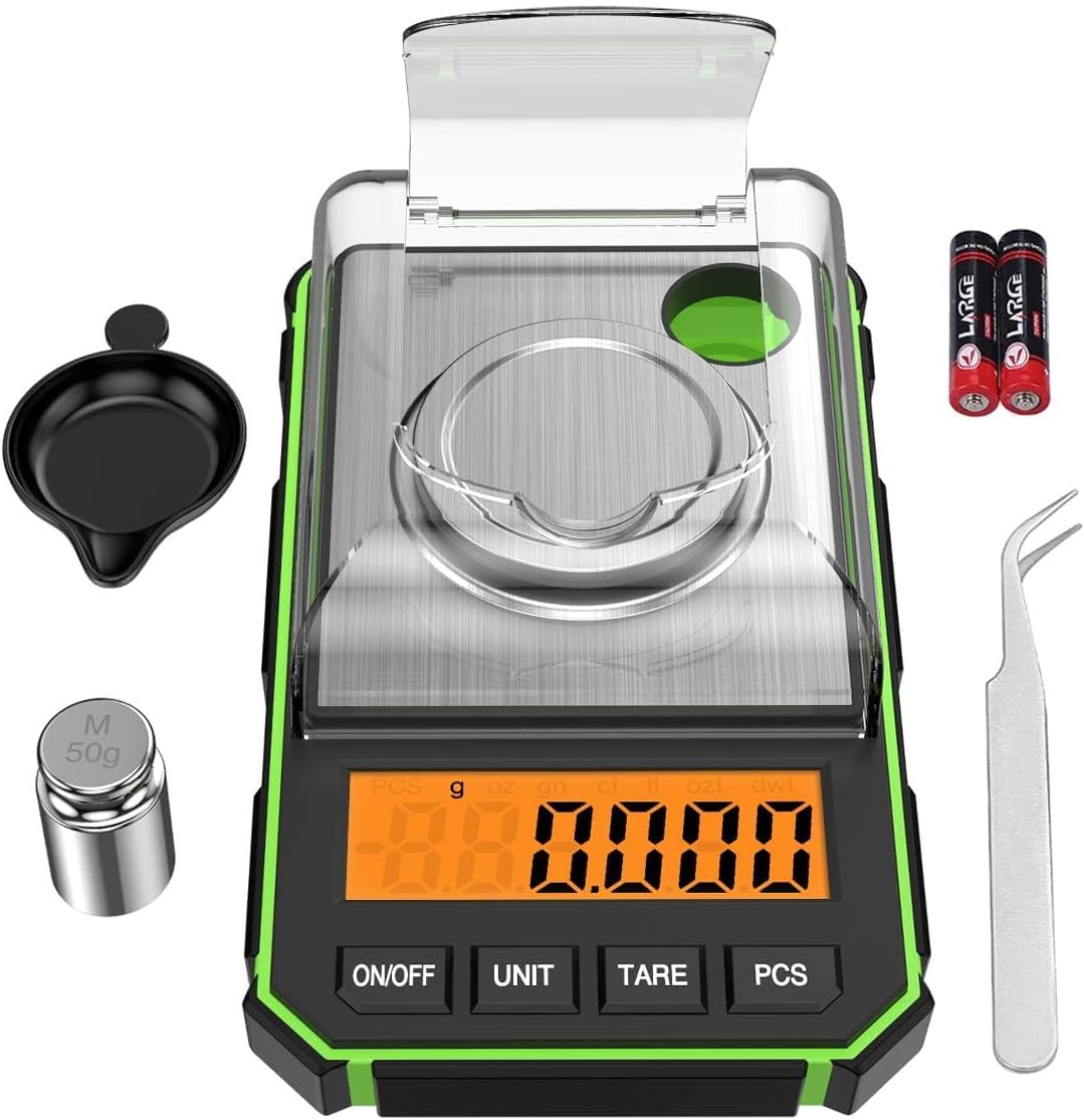Mini Precision Scale, 50g 0.001g Digital Pocket Scale with 50g Calibration Weight and Electrostatic Tweezers, Kitchen Scale with Tare & LCD Backlit Display (Battery Included)