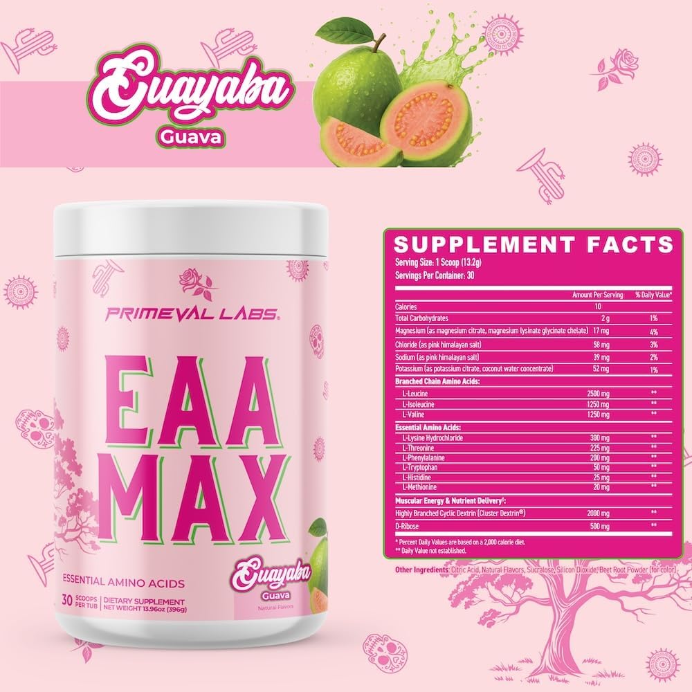 Primeval Labs EAA Max Energy | Pre or Post Workout Muscle Recovery | BCAAs, EAAs, Electrolytes | Supports Hydration & Performance | Keto Friendly | 30 Servings (Guayaba)