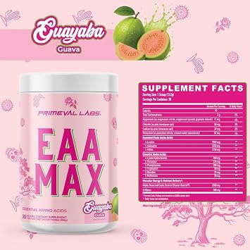 Primeval Labs EAA Max | Pre or Post Workout Muscle Recovery | BCAAs, EAAs, Electrolytes | Supports Hydration & Performance | Keto Friendly | 30 Servings (Guayaba)