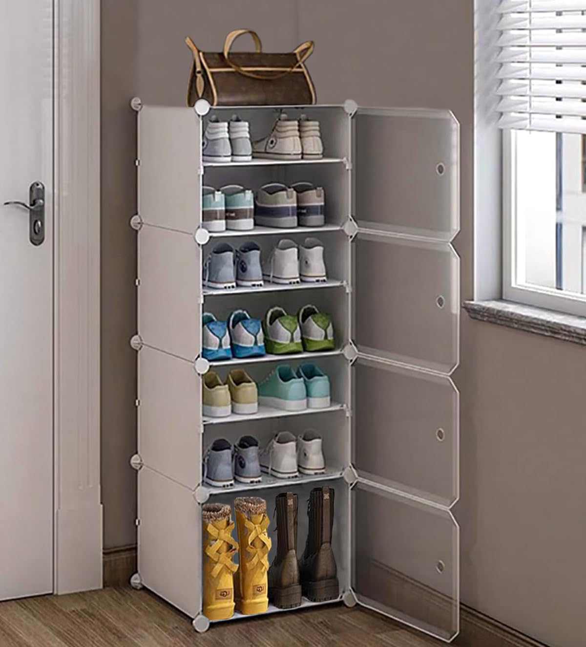 SNKR ESSENTIALS 8-Shelf Portable Shoe Rack for Home Plastic Household, Shoe Storage Organizer, Shoe Stand, Footwear Organiser with Door for Boots, Heels, Slipper Stand for Entryway or Bedroom(White) (B0DH2KBG5B) Amazon Price History, Amazon Price Tracker