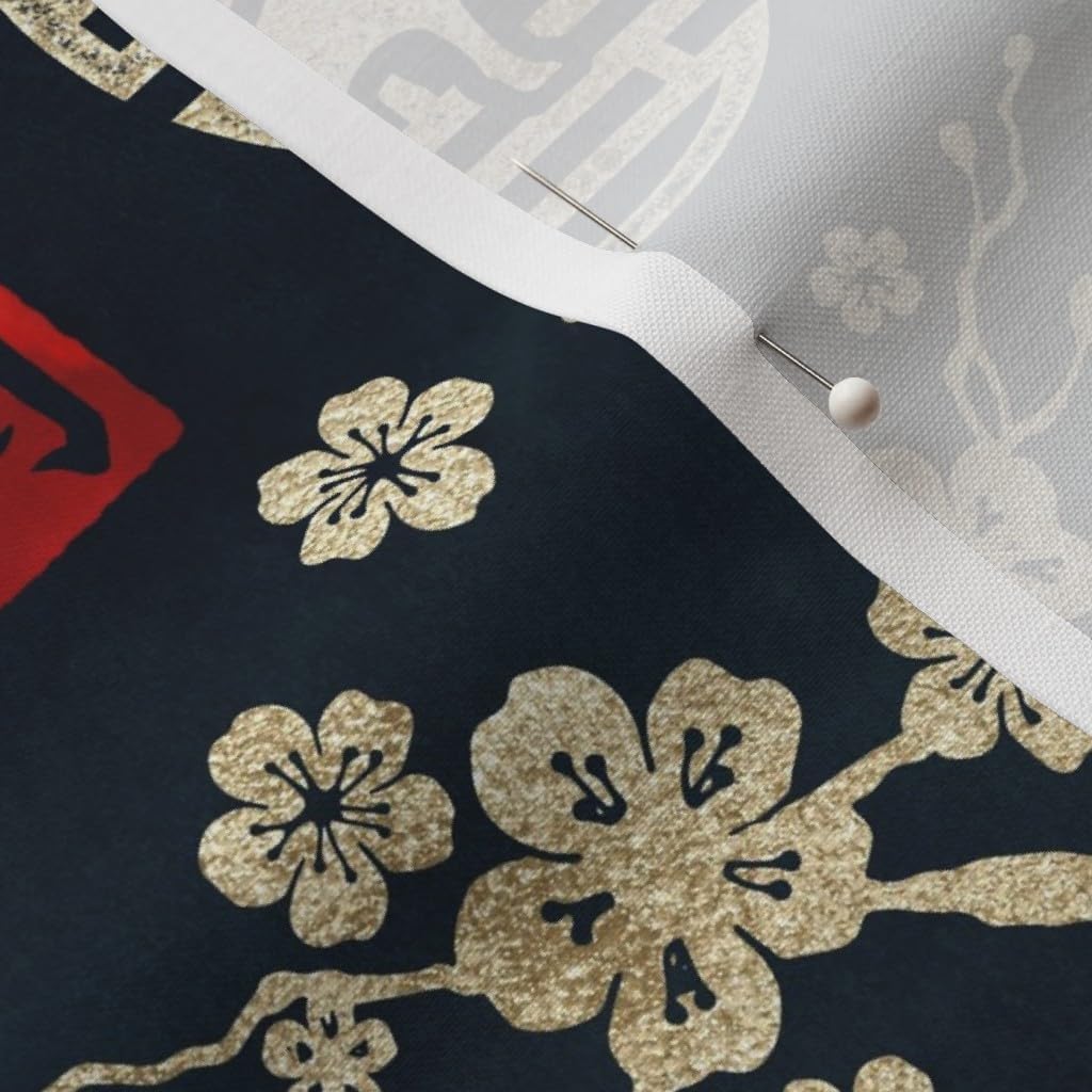 Spoonflower Fabric - Chinese Year Dogs Gold Dark Blue Cherry Blossom Asian Inspired Printed on Petal Signature Cotton Fabric by The Yard - Sewing Quilting Apparel Crafts Decor
