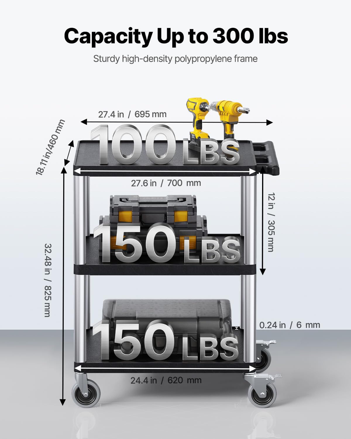 VEVOR Carrello Portaoggetti in Plastica Resistente a Tre Ripiani con Ruote Girevoli a 360° Carrello di Servizio da 700 x 460 mm Capacità di Carico di 136 kg Adatto per Magazzino, Garage, Pulizia