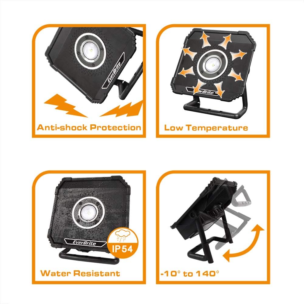 EverBrite LED Work Light Outdoor Portable Spotlight with Stand 800 Lumens Flood Light for Car Repairing, Workshop, Garage, Job Site, Garden, Lawn, Emergency Lighting