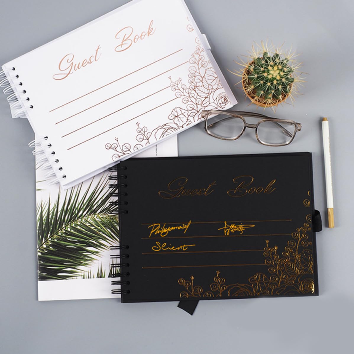 PACKOVE Libro de Visitas de Boda Horizontal DIY Espiral y Acabado Dorado