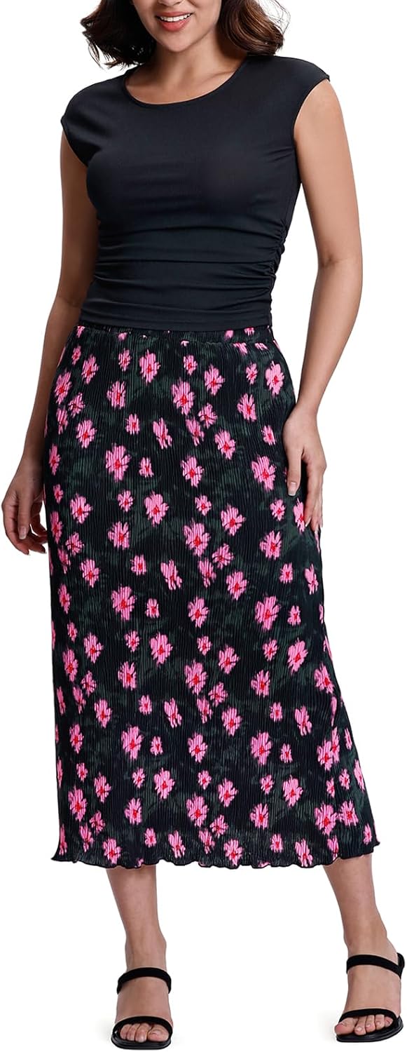 Kimmery Summer Casual Two Piece Skirt Set for Women Crew Neck Crop Tops Elastic Waist Midi Skirt Outfits