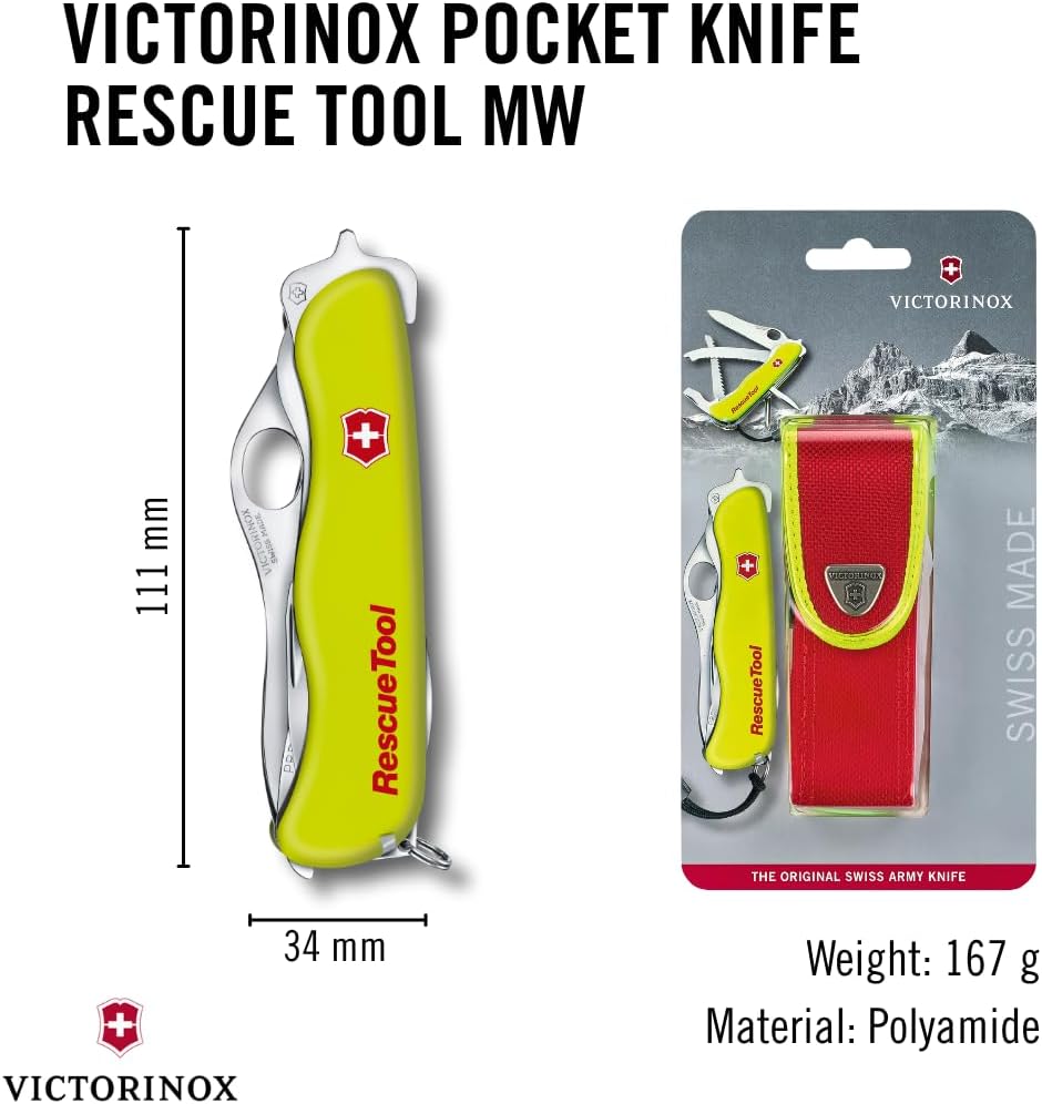 Victorinox Rescue Tool with Nylon Pouch Swiss Army Knife, 13 Functions, Swiss Made Pocket Knife with Seatbelt Cutter and Glass Saw - Fluorescent Yellow
