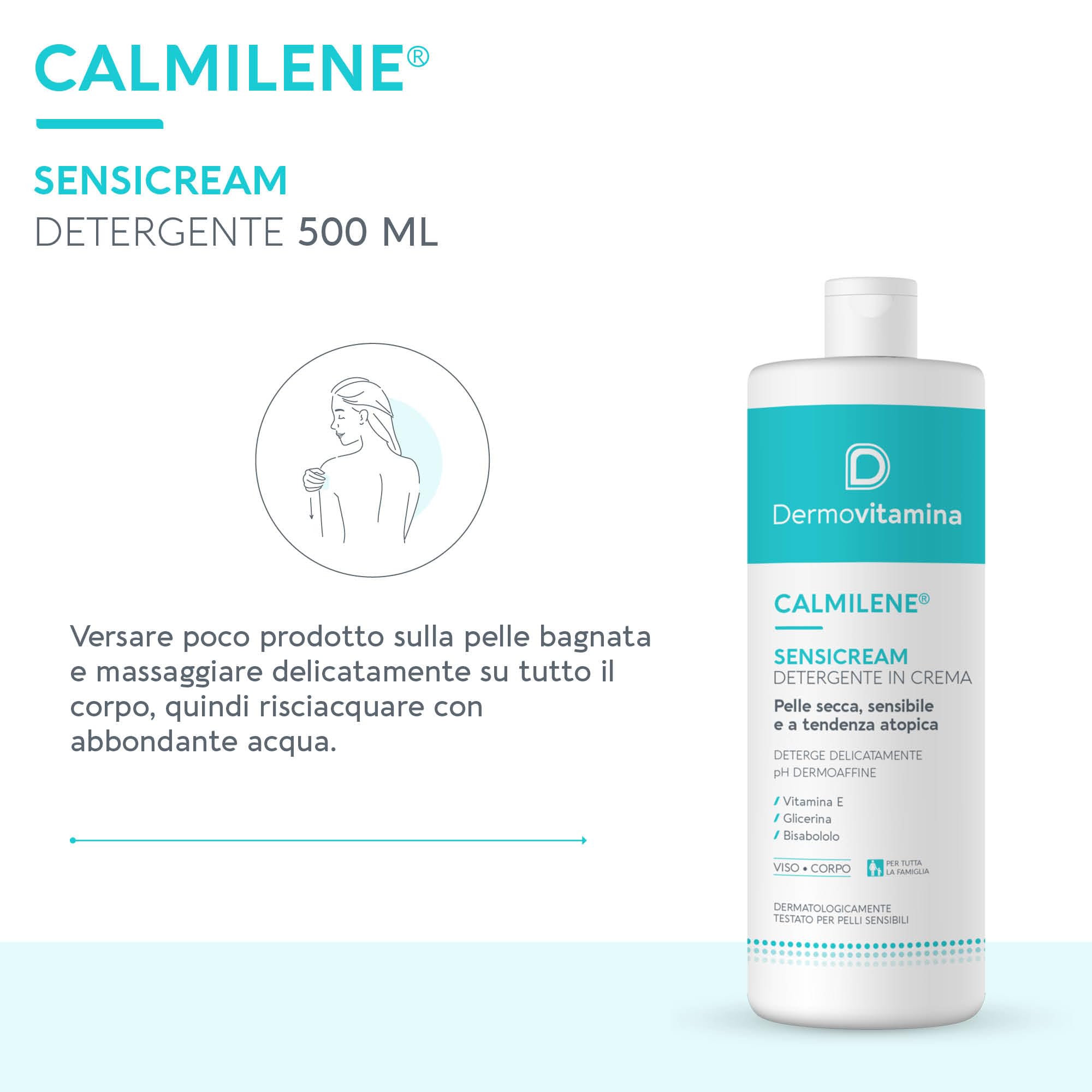 Dermovitamina Calmilene Sensicream Detergente 500 ml - Detergente Viso - Crema Idratante Viso e Corpo - Per pelle sensibili e dermatiti - Con Vitamina E e Calmilene - Senza Sapone